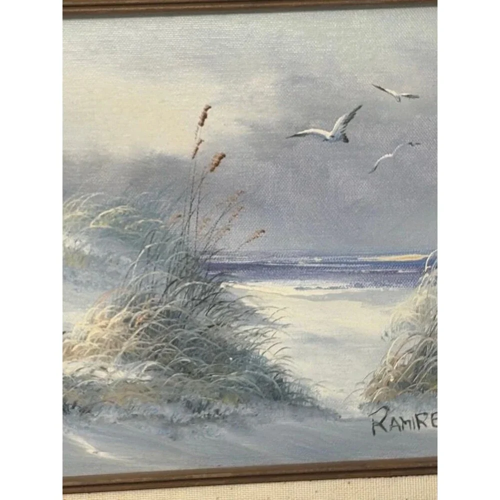 Vintage Ramirez Signed Beach Ocean Landscape Oil on Canvas Painting Mid Century